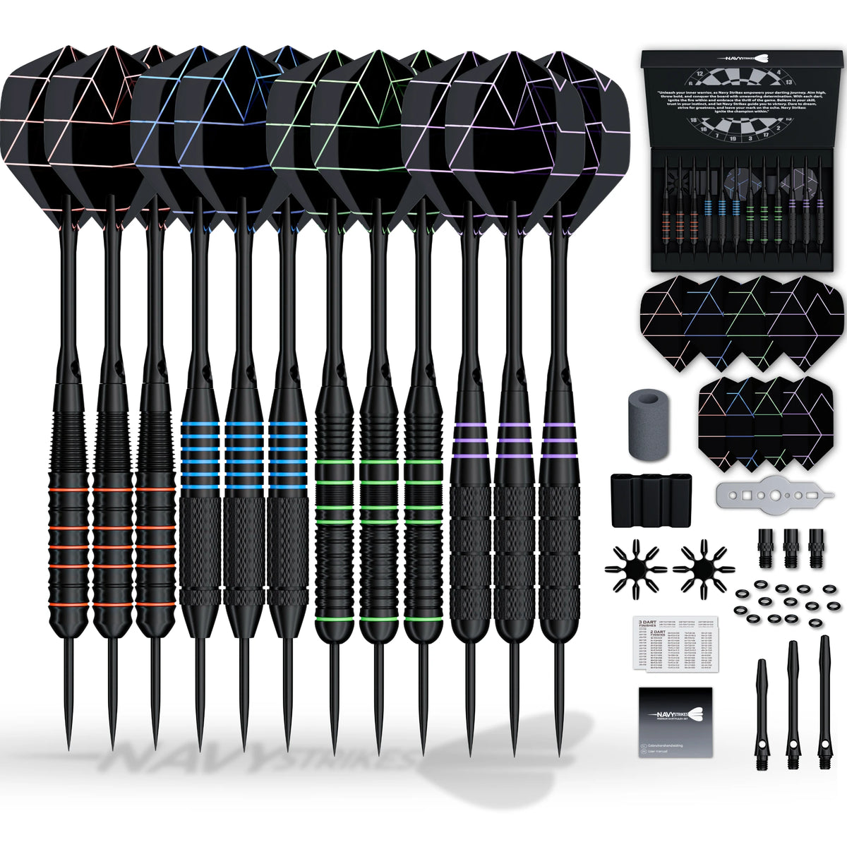 Navy Strikes Dartpijlen Set - 24 Gram - 12 Darts - 4 Soorten Grip - 108-delig