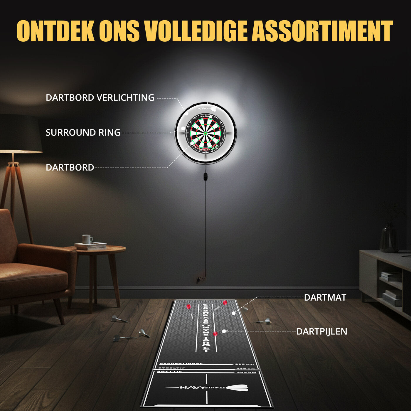 Navy Strikes dartcorner met bord, verlichting, surround, mat en pijlen